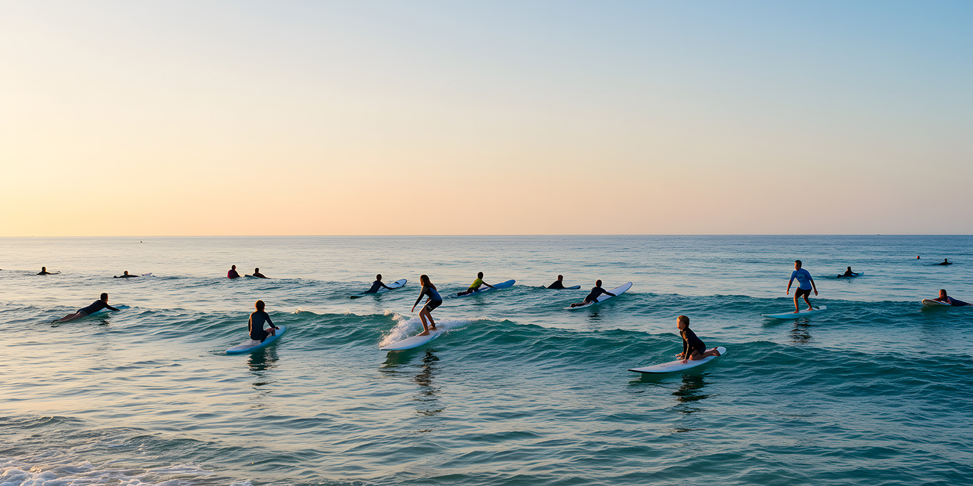 Sunrise Surf Lesson Group Surfing Session at Dawn