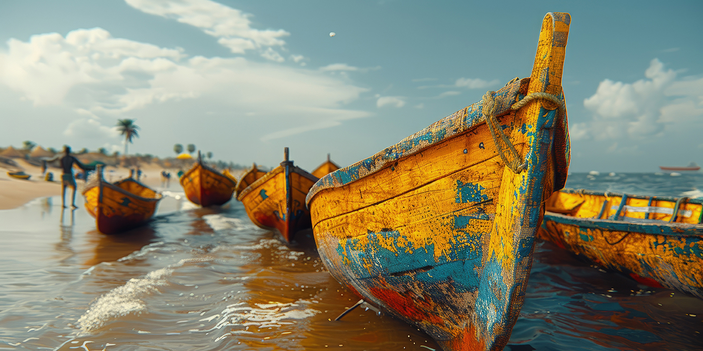 Senegalese fishermen launching colorful pirogues into the Atlant