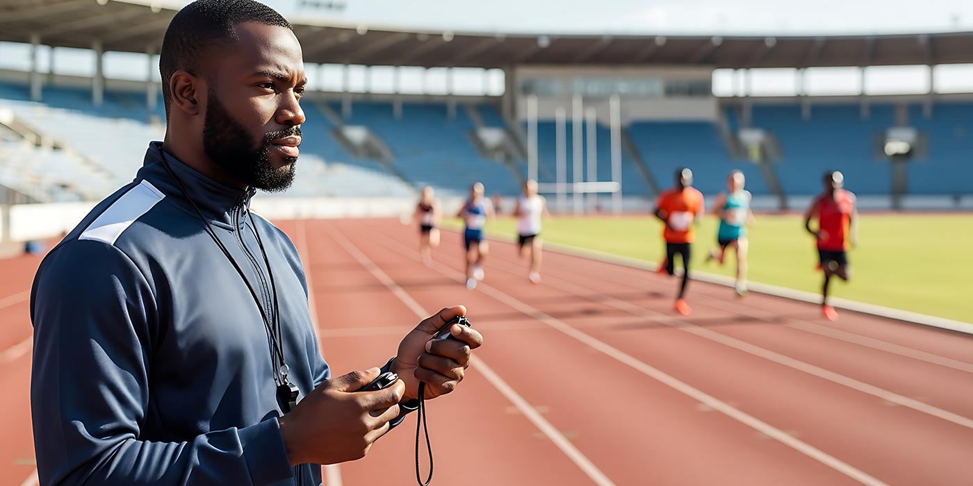 African american coach timing runners with a stopwatch on a trac