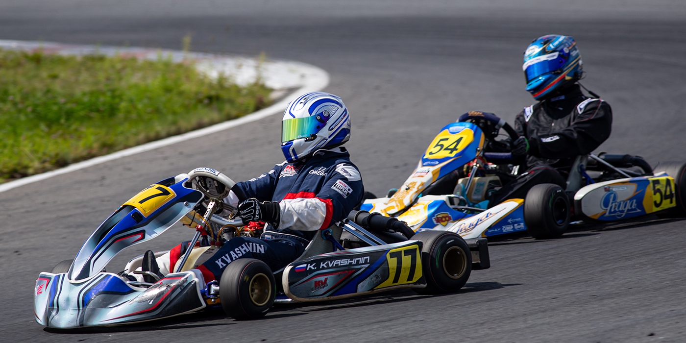 Ryazan, Russia - July 28, 2019: unidentified pilots compete on the Atron track in the Rotax max Cup RAF series of sports karting