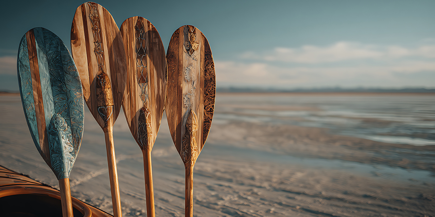 Wooden paddles with intricate designs resting against a kayak on