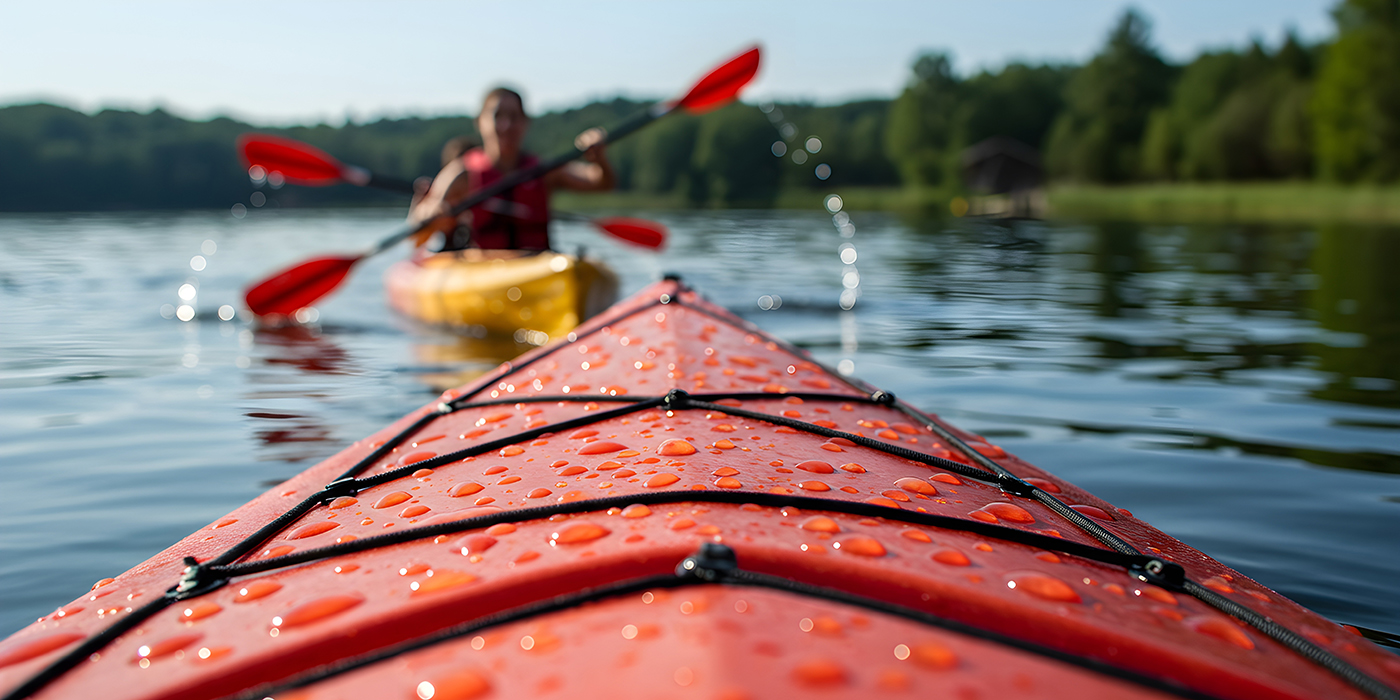 Red kayak on calm lake