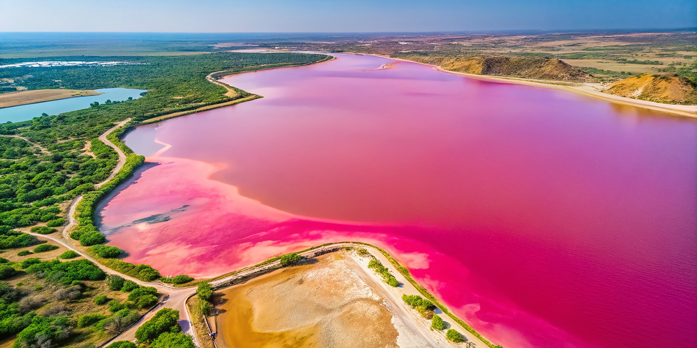 Stunning Aerial View of Lac Rose in Senegal with Vibrant Pink Wa