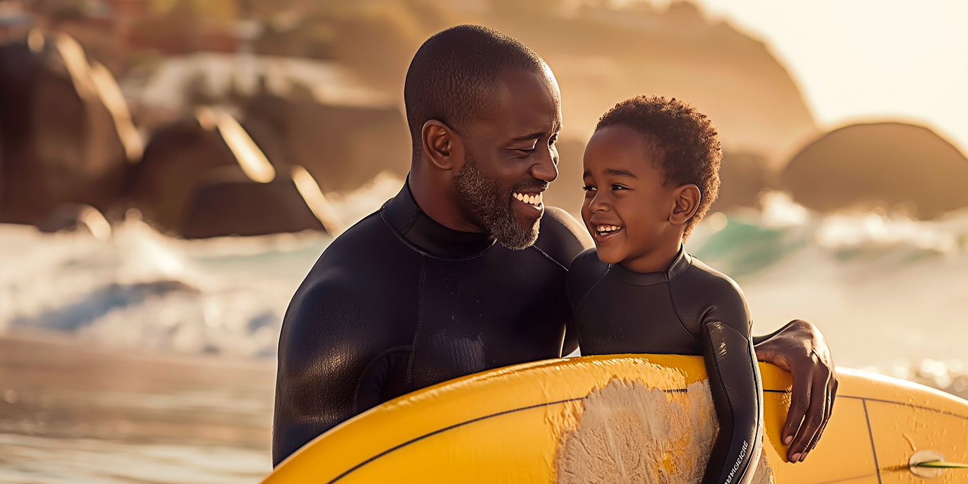 Father and son bonding during summertime. An African American Fa
