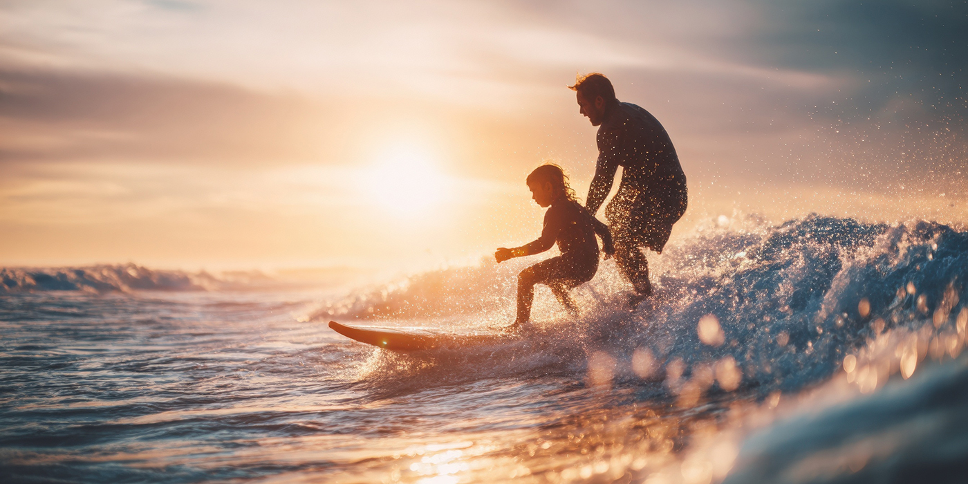Father Teaching Child to Surf, Family Fun on Small Waves - AI Generated