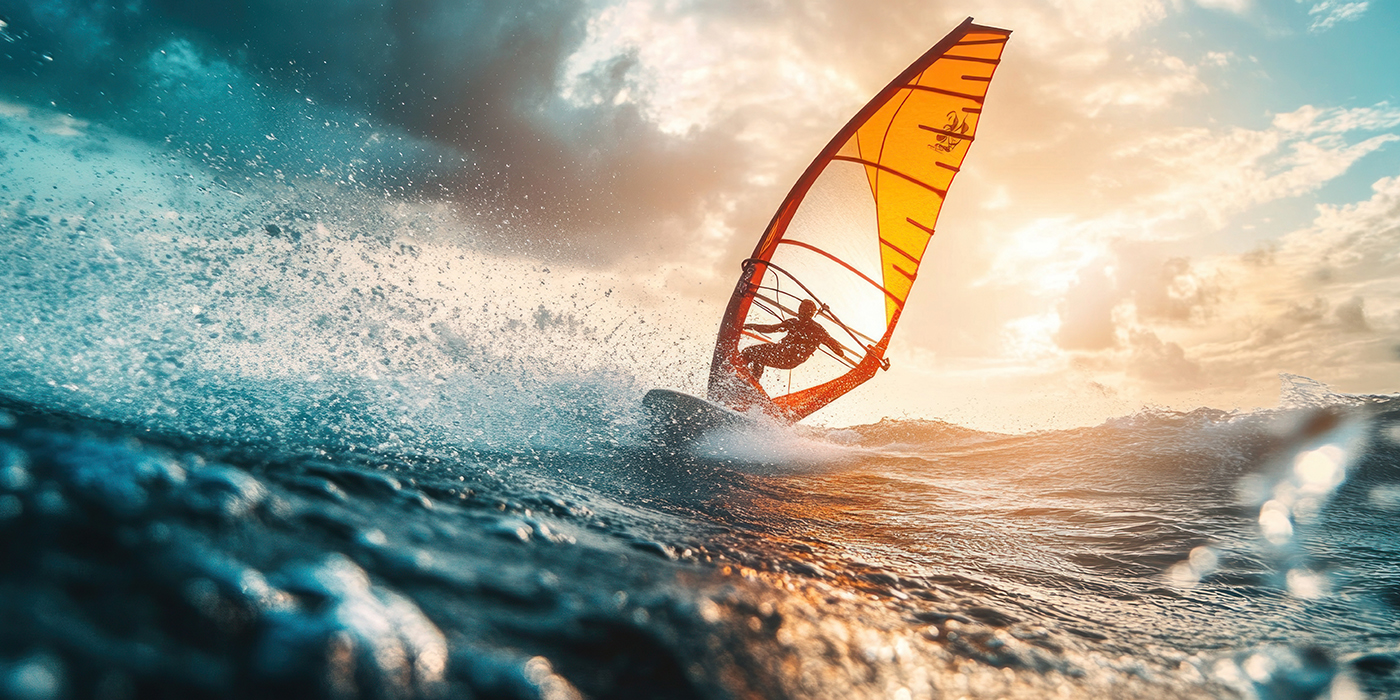 A windsurfer rides a wave in the ocean, the sun shining down on them.
