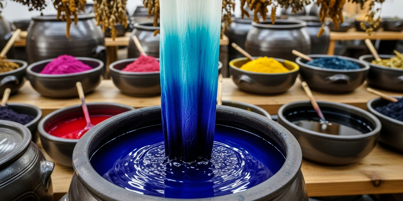 Traditional textile dyeing workshop with vibrant blue liquid dye
