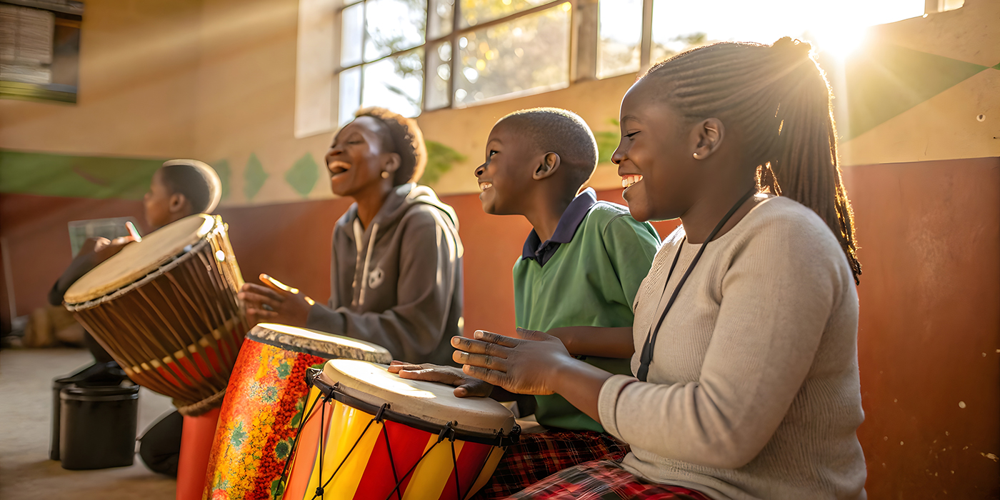 Happy African Children Playing Drums Music Class Teamwork Joyful