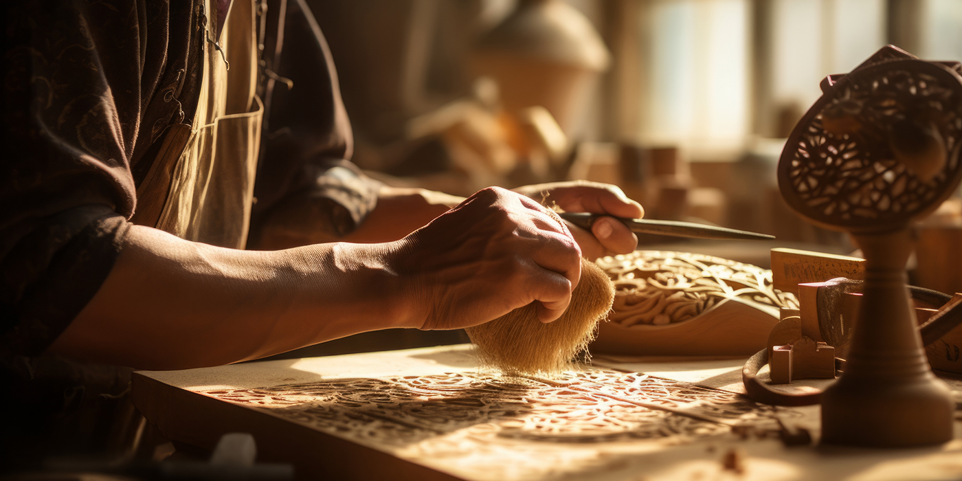 Master old man's hobbyist hands sculpting carving wooden figures sculptures leisure time wood hobby creating by man pure artwork dusty rustic sunny workshop room during artist's creative workflow